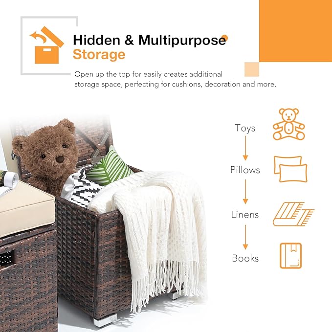 Patiorama 2 Piece Outdoor Patio Ottomans, All-Weather Brown PE Rattan Wicker Ottoman with Storage, Outdoor Footrest Footstool Seat w/Thick Cushion, Built-in Handle for Backyard Poolside Porch (Beige)