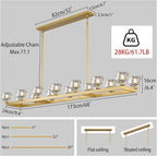 72 Inch Brass Rectangle Wagon Wheel Chandeliers, Gold Chandelier for Dining Room Over Table, Modern Crystal Long Chandelier for High Ceiling, Farmhouse Large Linear Chandeliers for Kitchen Island