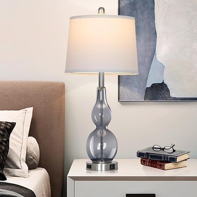 27.5" Gray Clear Glass Table Lamp Set of 2,3-Way Dimmable Touch Control Bedside Lamps with USB Ports and AC Outlet, Modern Nightstand Lamps for Bedroom Living Room