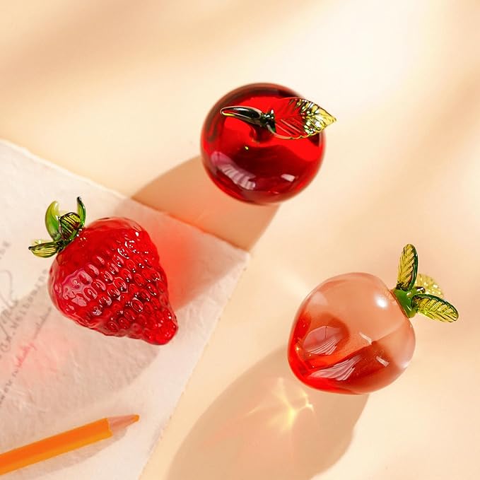 Set of 3 Crystal Fruits Decoration for Home Kitchen Glass Red Strawberry Apple Peach Fruit Figurines Glass Fruits Decor for Wedding Birthday Tabletop Centerpiece