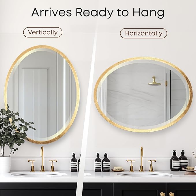 OVALCREST - Oval Wooden Beveled Wall Mirror for Home Decor, Bathroom, Vanity, Bedroom, Living Room, Hallway - London Style (Gold Leaf) 25.1 x 31.1
