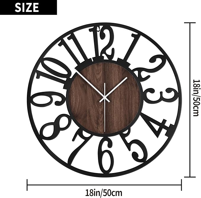 LEIKE Large Wall Clocks,Silent,Non Ticking,Battery Operated Big Retro Round Modern Wood Wall Clock for Living Room, Bedroom,Dinning Room,Farmhouse,Office,Home Decor-20 Inch(Black-Arabic Number)