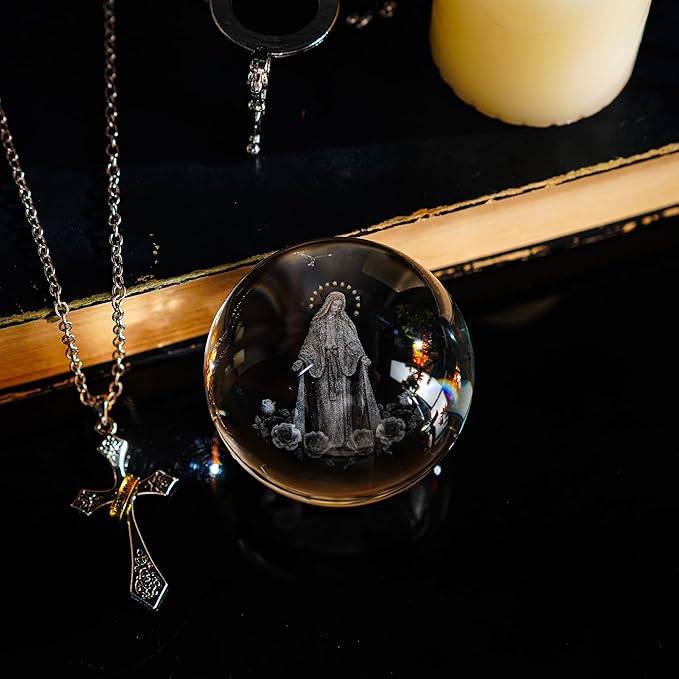 3D The Blessed Virgin Mary Crystal Ball Laser Etched Our Lady of Guadalupe Glass Sphere Statue Mother Mary Christian Catholic Religious Easter Gifts