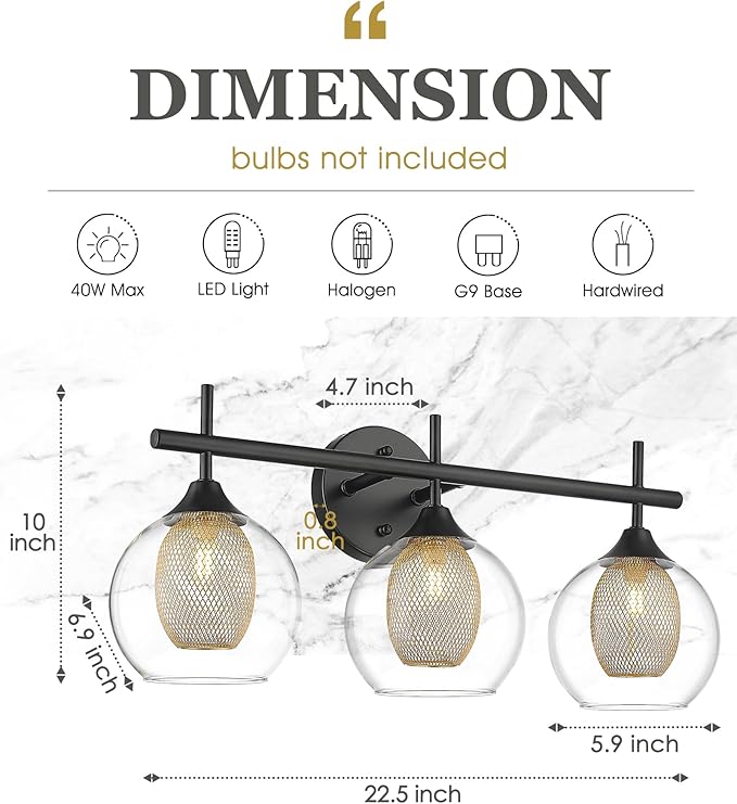 Bathroom Light Fixtures, 3-Light Black and Gold Vanity Lights Over Mirror, Farmhouse Wall Sconce Lighting with Clear Glass and Honeycomb Metal Shade, AD-22001-3W-BK