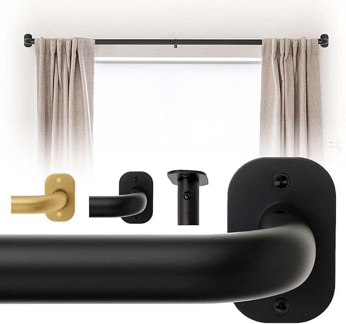 Blackout Curtain Rod Wrap Around Design - Adjustable 66-120 Inches - Wall/Ceiling Mount - Heavy Duty Metal - Room Darkening French Return Drapery Hardware - Modern Minimalist Bracket - Matte Black