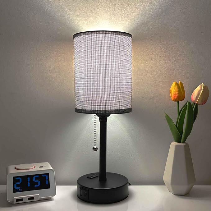 Small Bedside Table Lamp for Nightstand with USB & Outlet, 3 Color, Matte Black, Gray Lampshade (LED Bulb Included)