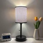 Small Bedside Table Lamp for Nightstand with USB & Outlet, 3 Color, Matte Black, Gray Lampshade (LED Bulb Included)