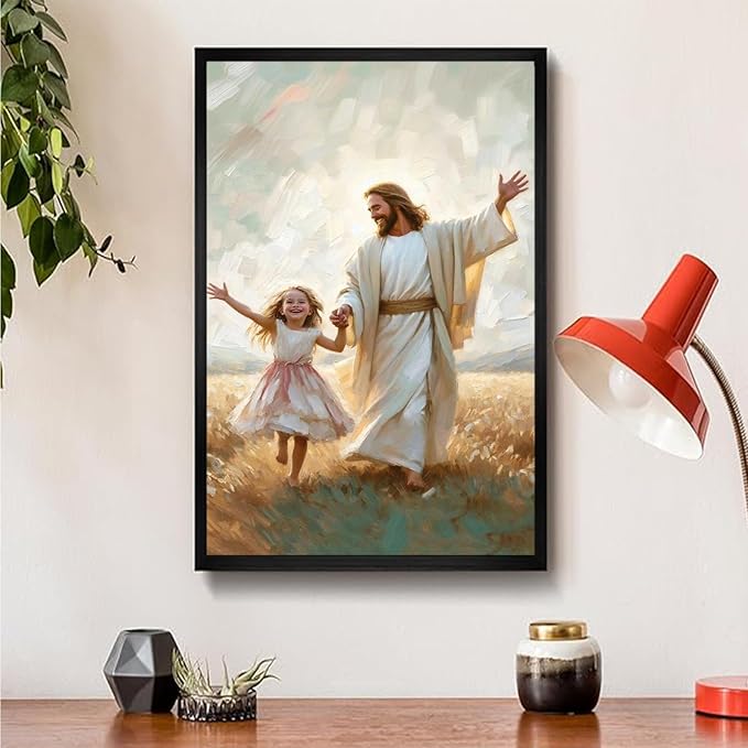 XWNLTEPK Dancing Day Christian Painting Jesus With Girl Christian Wall Art Bible Jesus Dancing With Little Girl Print Canvas Wall Art Poster