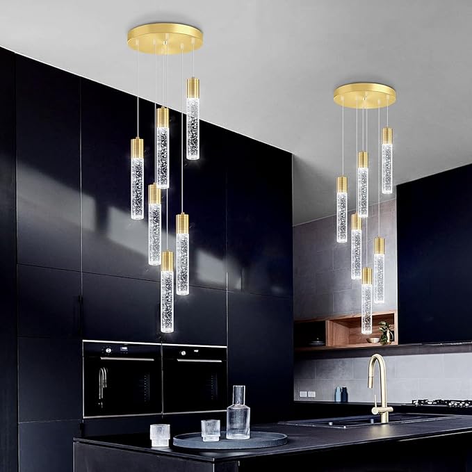6-Lights Modern Crystal Chandeliers for Dining Room Kitchen Island Crystal Pendants Light Fixture High Ceiling Hanging for Entryway Bedroom Foyer 6000K