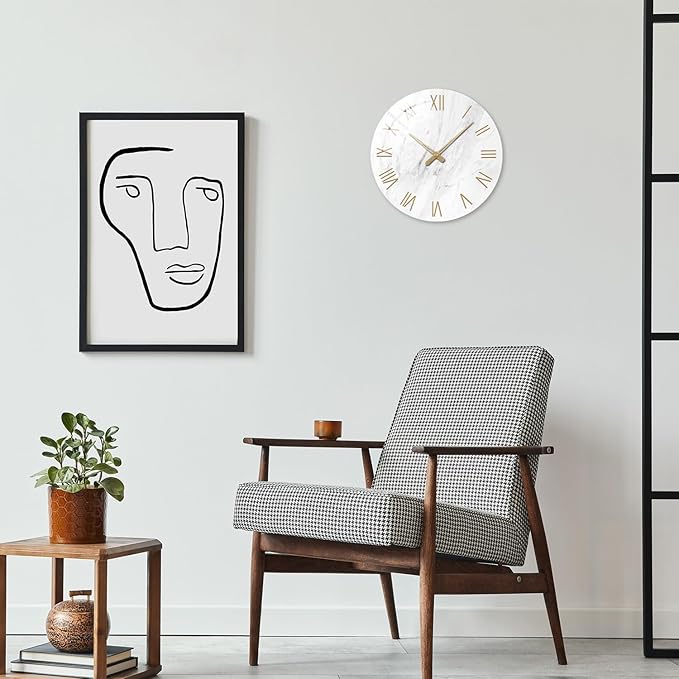 White Marble Large Clocks for Living Room Round Glass Wall Clock Battery Operated 16 Inch Silent Wall Clock Non Ticking