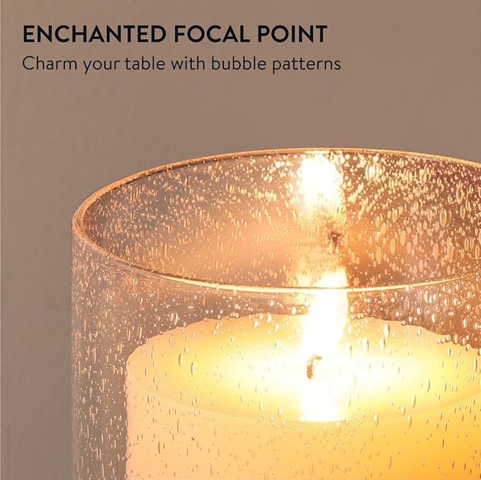 ELIXIR GLASSWARE Glass Candle Holder - Large Hand Blown Bubble Hurricane Pillar Candle Holders - Perfect for Centerpiece or Vase - Clear Hurricanes for Tall Candles - Set of 3