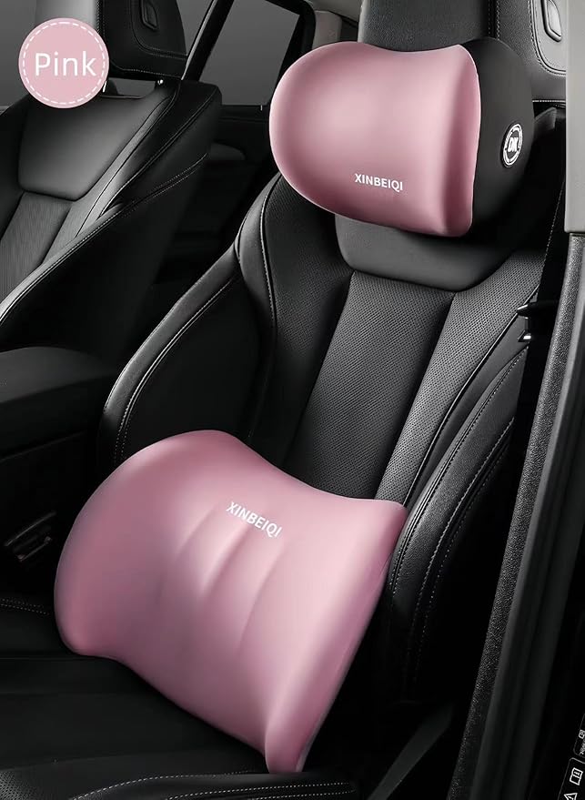 Car Seat Back Support and Car Neck Pillow Kit, Ergonomic Design headrest Lumbar Support for Neck Back Pain Relief Improve Sitting Posture (Pink)