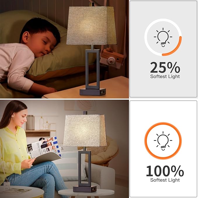 Touch Control Table Lamps Set of 2, Modern Bedside Lamps with USB A+C Ports & AC Outlet, 3 Way Dimmable Contemporary Nightstand Lamps for Bedroom Living Room Gray(LED Bulb Included)