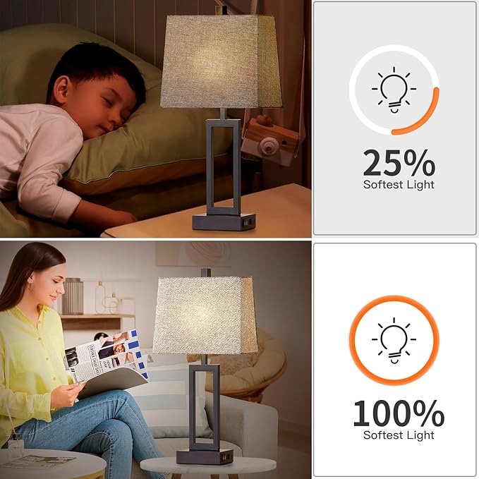 Touch Control Table Lamps Set of 2, Modern Bedside Lamps with USB A+C Ports & AC Outlet, 3 Way Dimmable Contemporary Nightstand Lamps for Bedroom Living Room Gray(LED Bulb Included)