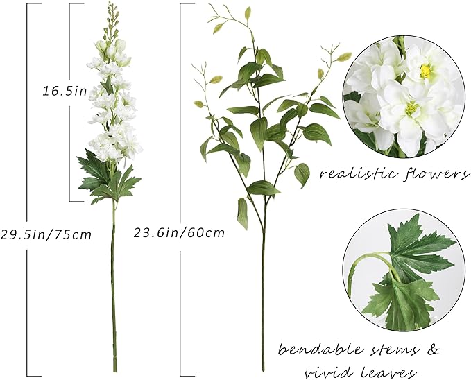 8PCS White Artificial Delphinium Flowers with Clematis Greenery Long Stem Flowers 29.5" Larkspur Artificial Flowers for Wedding Centerpieces Silk Flowers for Home Decor Indoor (White)