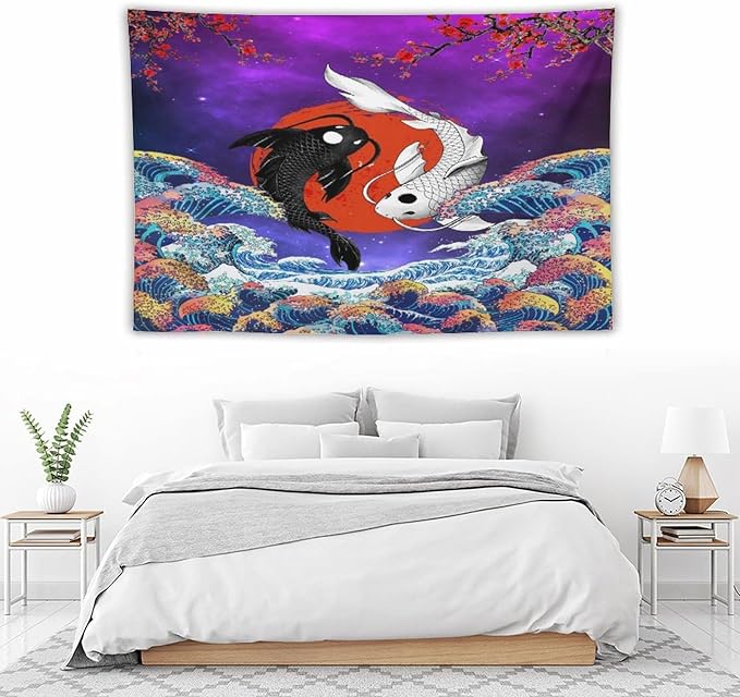 Houselerax Japanese Koi Fish Tapestry, Yin Yang Big Wave Cherry Blossom Tapestries Wall Hanging for Bedroom Living Room Office Decor 90"x60"