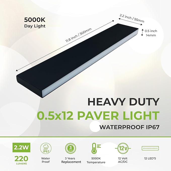 LUMENGY Paver Light Slim 0.5x12 Inch Glare-Free Brick Lighting for Pavers, Walls, Driveway, Pathway & Garden, 5000K 12V Waterproof, Drive-Over Rated