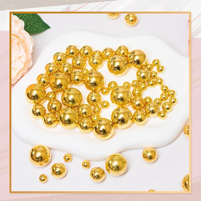 300Pcs Vase Filler BrightGold No Hole Faux Pearl Beads for Vase Filling Decorations, Candle Centerpieces, Wedding Centerpieces, Home Party Decor (8/14/20mm)