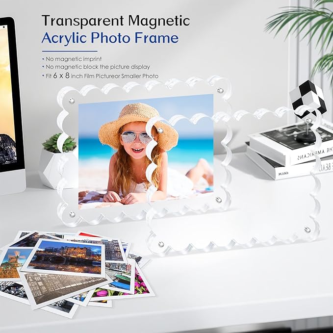 Magnetic Photo Frame 6×8Inch - 2Pack Acrylic Scalloped Glass Frames, 12+12mm Thick Double-Sided Design.Clear Picture Frame with Thick Block | Trendy Home Gift Set (2 Pack, 6×8)