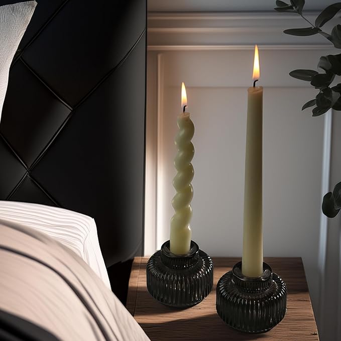 Kate Aspen Taper Candle Holders for Candlesticks, Smoke Grey Ribbed Glass Candlestick Holders Set of 4 - Candlestick Stand Decor, Fall Home Decor Accents, Modern Centerpieces, Black Candle Holder