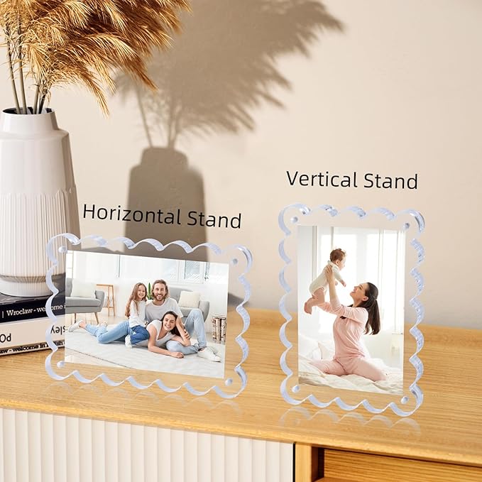 3 Pack Acrylic Picture Frame: 4x6inch Magnetic Picture Frames, Double Sided Magnet Frames,10+10mm Thick Block, Clear Photo Scalloped Frames Freestanding for Desktop Display (Clear, 4X6)