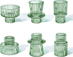 Candlestick Holders Set of 6, Ribbed Glass Taper Candle Holders, Reversible Green Tealight & Candle Stick Candle Holder Vintage Crystal Tapered Candlestick for Wedding Dinner Party Festival