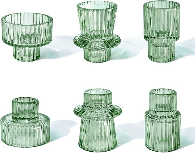 Candlestick Holders Set of 6, Ribbed Glass Taper Candle Holders, Reversible Green Tealight & Candle Stick Candle Holder Vintage Crystal Tapered Candlestick for Wedding Dinner Party Festival