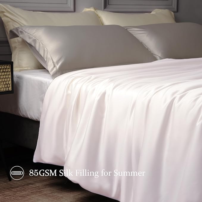 CUDDLE DREAMS Lightweight Silk Filled Comforter for Summer, Detachable Tencel Duvet Cover for Easy Care, Naturally Breathable (White, Queen)