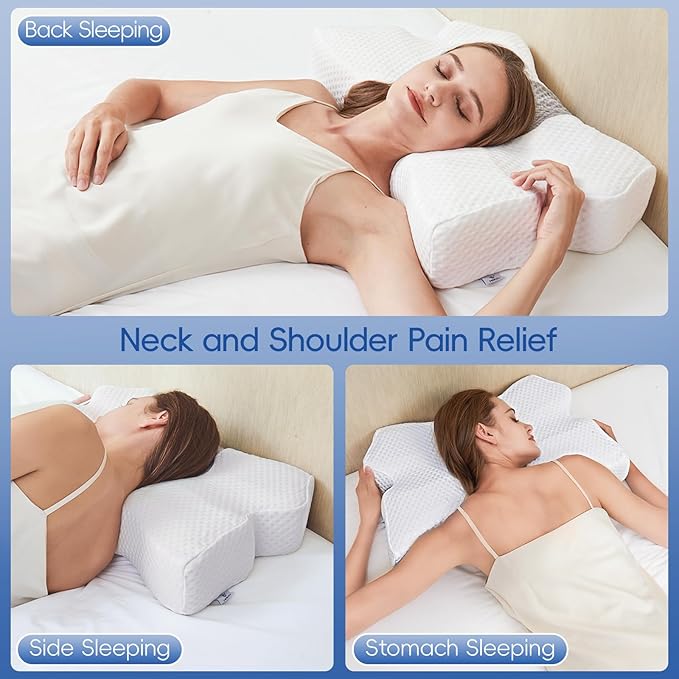 H HOKIZU Cervical Neck Pillow for Pain Relief, Ergonomic Contour Memory Foam Pillow for Side,Back,Stomach Sleepers, Orthopedic Pillow for Neck Pain Relief (White, 24"x14"x5")