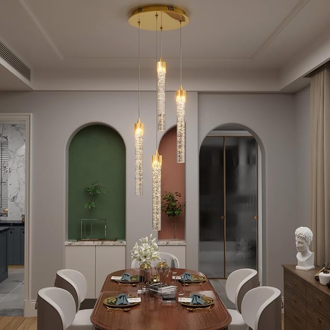 4-Light Pendant Lights Kitchen Island Mini Chandelier,Modern Gold Pendant Light with Remote Control,Teardrop Hanging Light Fixture for Dining Room Hallway