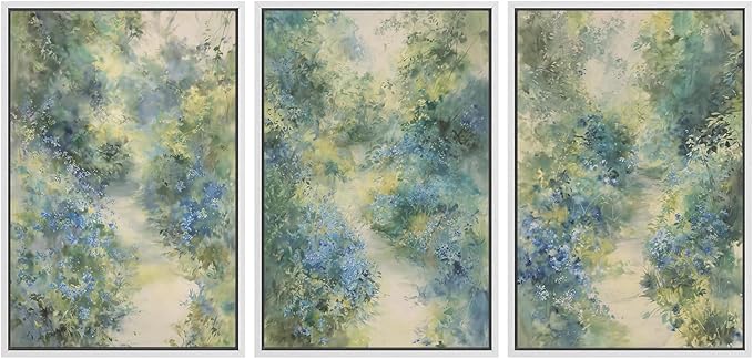 SIGNWIN Framed Canvas Print Wall Art Blue and Green Floral Impressionist Nature Scene Photography Modern Art Minimalist Black and White for Living Room, Bedroom, Office - 24"x36"x3 White