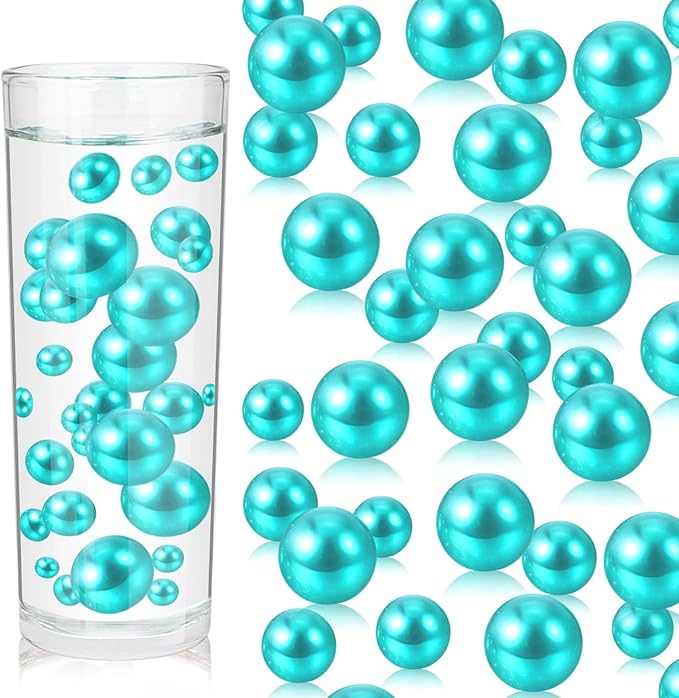 100PCS Teal Faux Pearls Beads for Centerpiece Vases, Vase Filler Faux Pearls, No Holes Filler Beads for Party Anniversary Birthday Wedding Table Decor, 14/20/30mm