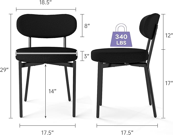 Dining Chairs Set of 2 pcs, Boucle Comfortable Upholstered Seat Fabric with Curved Backrest, Mid Century Modern Contemporary Scandinavian Designer Chairs Ideal for Dining Room, Kitchen, Black