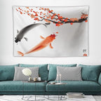 Japanese Koi Fish Tapestry, Cherry Blossoms Asian Oriental Flower Branch Koi Fish Carp Tapestries Wall Hanging for Bedroom Living Room Office Decor 60"x40"