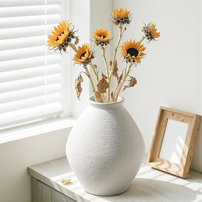 12” Ceramic Distressed Vase Handcrafted Rustic Neutral Decorative Floor Vases Home Decor Accent for Living Room, Dining Table, Entryway or Shelf Styling