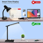 Smart Desk Lamp with 4-in-1 Charging Station (2 AC outlets, Type-C, USB-A Ports), 5 Color temperatures and 5 Brightness Levels, Adjustable gooseneck arm, Eye-Friendly Lighting for desks, bedrooms
