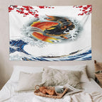 Houselerax Koi Fish Tapestry, Japanese Style Yin Yang Big Wave Cherry Blossoms Tapestries Wall Hanging for Bedroom Living Room Office Decor 90"x60"
