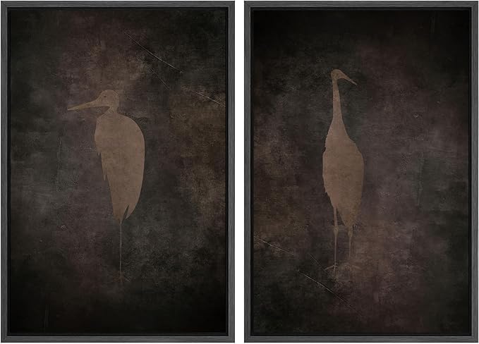 SIGNFORD Framed Canvas Print Wall Art Set Abstract Crane Silhouettes Vintage Dark Tones Illustration Modern Art Decorative Nordic Nature for Living Room, Bedroom, Office - 24"x36"x2 Black