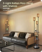 Floor Lamp with Shelves, Boho Floor Lamp with Foot Switch, 3-Light Standing Lamp, for Living Room, Bedroom, Study, Rustic Brown and Yellow YF53LD05 ﻿