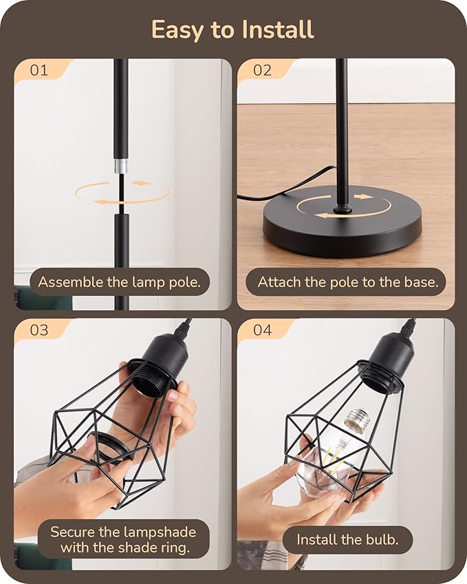 EDISHINE 70IN Farmhouse Floor Lamps for Living Room, Dimmable Industrial Tall Standing Lamps 3 LED Edison Bulbs Included, Diamond-Shaped Cage, Rustic Tree Corner Light for Bedroom, Office, Black