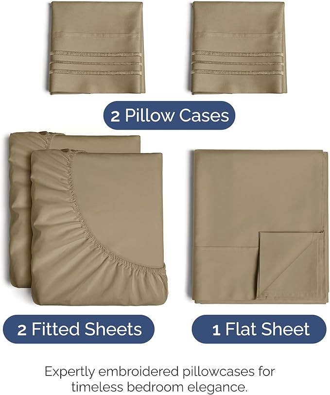 Split King Size 5 Piece Sheet Set - Comfy Breathable & Cooling Bed Sheets Set - Hotel Luxury Bedding for Women, Men, Kids, Teens, Boys & Girls - Deep Pockets, Soft and Wrinkle Free - Oeko-Tex - Khaki