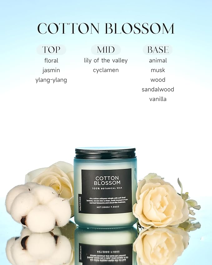 M&SENSE Clean Cotton Scented Candle - 7.05oz Natural Soy Wax Clean Cotton Blossom Scent Non Toxic Candle, 50-Hour Slow Burning 2-Wick Aromatherapy Home Fragrance Gifts for Home Decor