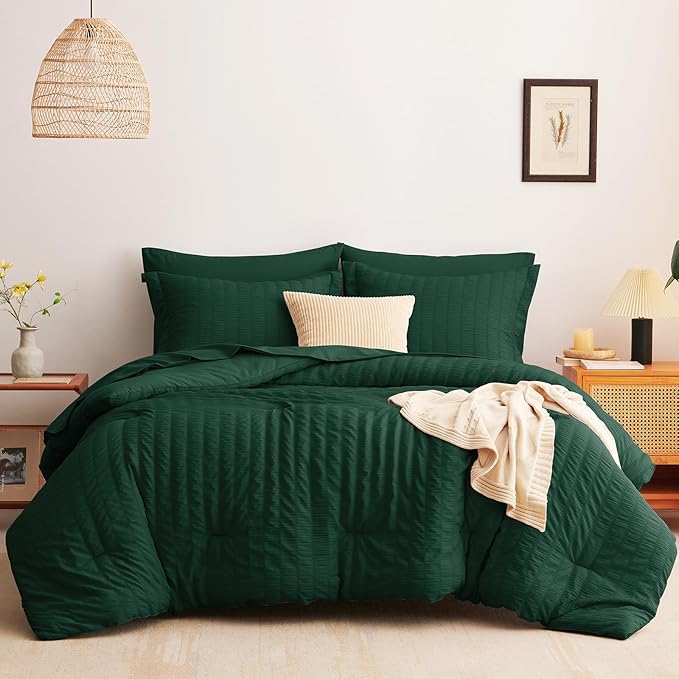 CozyLux Full Size Comforter Sets with Sheets Seersucker 7 Pieces Emerald Green Bed in a Bag Textured Luxury Soft Bedding Set with Down Alternative Comforter, Sheets, Pillowcases & Shams for All Season