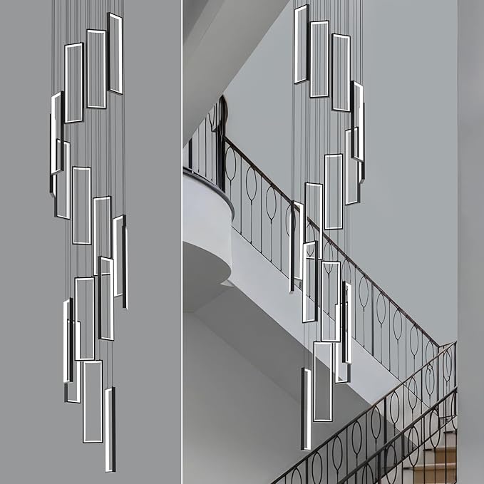 Modern Adjustable Height Pendant Light Fixture Black 288W LED Pendant Lights 16 Rings Rectangular Chandelier Staircase Large Chandelier Lobby Living Room Foyer High Ceiling Chandeliers