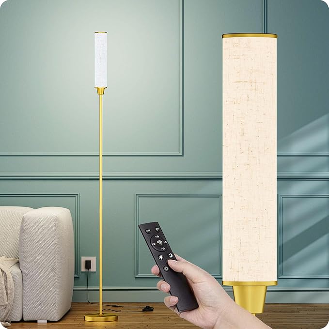 Floor Lamp with Remote Control,Floor Lamps for Living Room/Bedroom/Office, Stepless Adjustable 3000K-6000K Colors and 10-100% Brightness,Standing Light with Foot Switch (brassgold+Beige Linen)