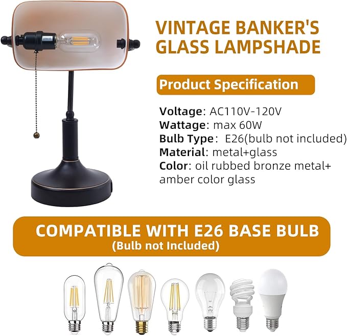 Vintage Bankers Desk Lamp with Pull Chain Switch, Traditional Desk Lamp with USB A and Type C Charging Port, Oil Rubbed Bronze Table Lamp with Amber Glass Shade for Office, Library, Study Room