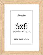upsimples 6x8 Picture Frame, Natural Solid Wooden Picture Frames, Display 4x6 with Mat or 6 x 8 Without Mat, Wall or Tabletop, 1 Pack, Natural
