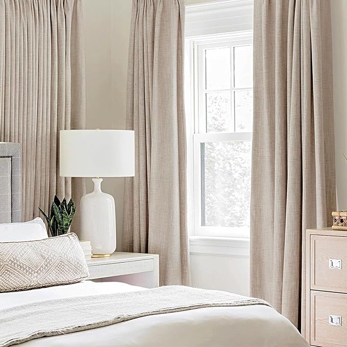 MIULEE 100% Blackout Linen Textured Curtains for Bedroom Solid Thermal Insulated Natural Beige Grommet Room Darkening Curtains & Drapes Luxury Decor for Living Room Nursery 52 x 92 Inch (2 Panels)
