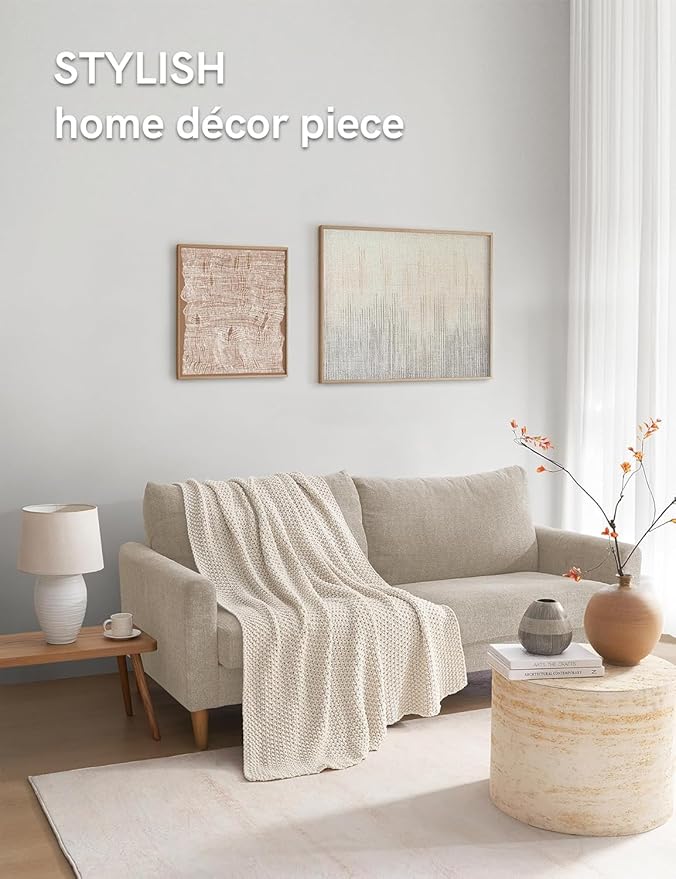 YnM Chunky Cotton Knit Throw Blanket, Cable Knit Throws for Bed Couch Sofa, Comfy & Relaxing, Decorative Piece for Farmhouse Modern Boho Rustic Scandinavian Chic Vibe, Cream White 50x60 Inches