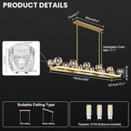 59 Inch Brass Rectangle Wagon Wheel Chandeliers, Gold Chandelier for Dining Room Over Table, Modern Crystal Long Chandelier, Farmhouse Large Linear Chandeliers for Kitchen Island